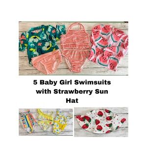 5 Baby Girl Swimsuits with Strawberry Sun Hat (Sizes from 3-6M up to 12M)